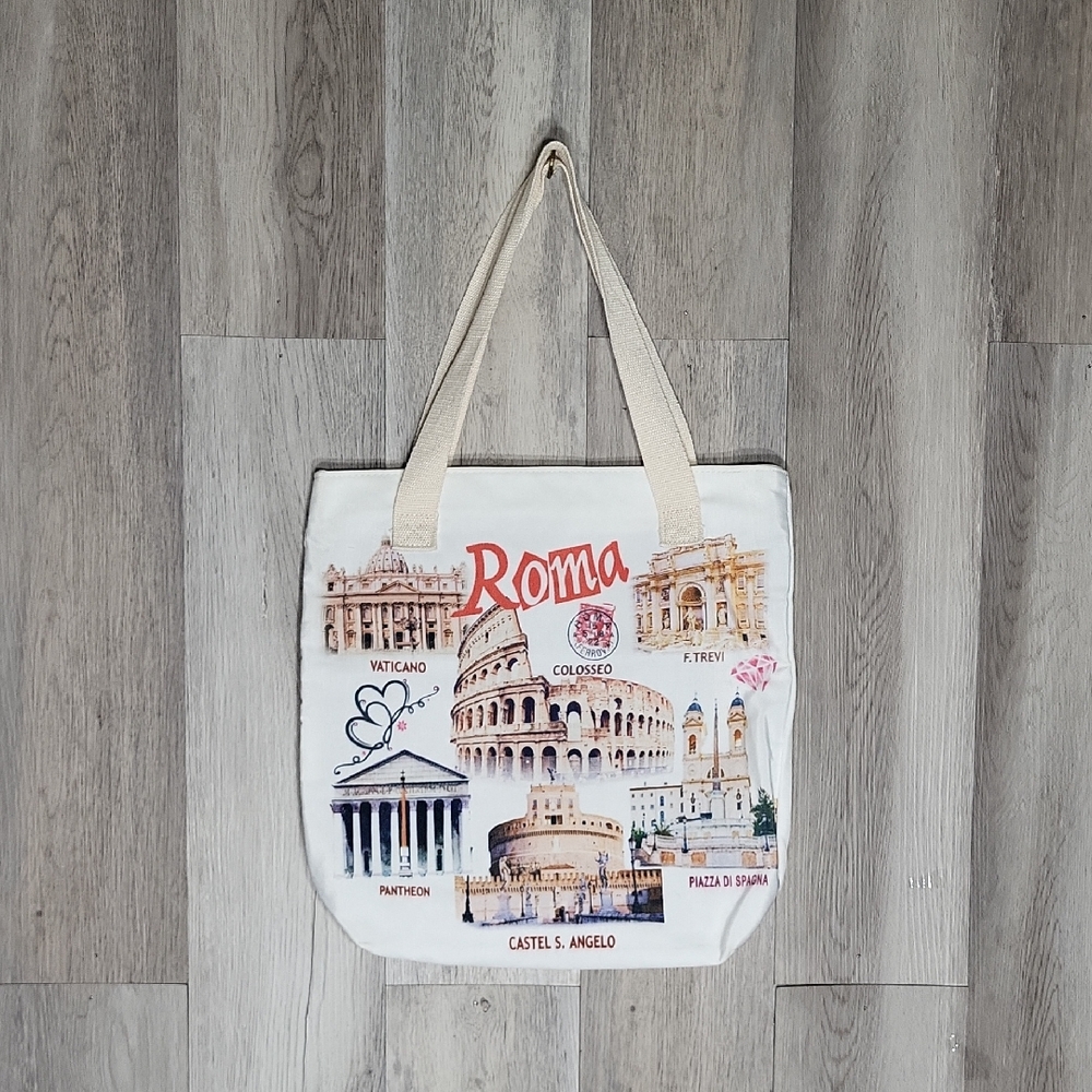 Roma Italy Landmark Print Tote Bag Colosseum Trevi Fountain Travel Souvenir